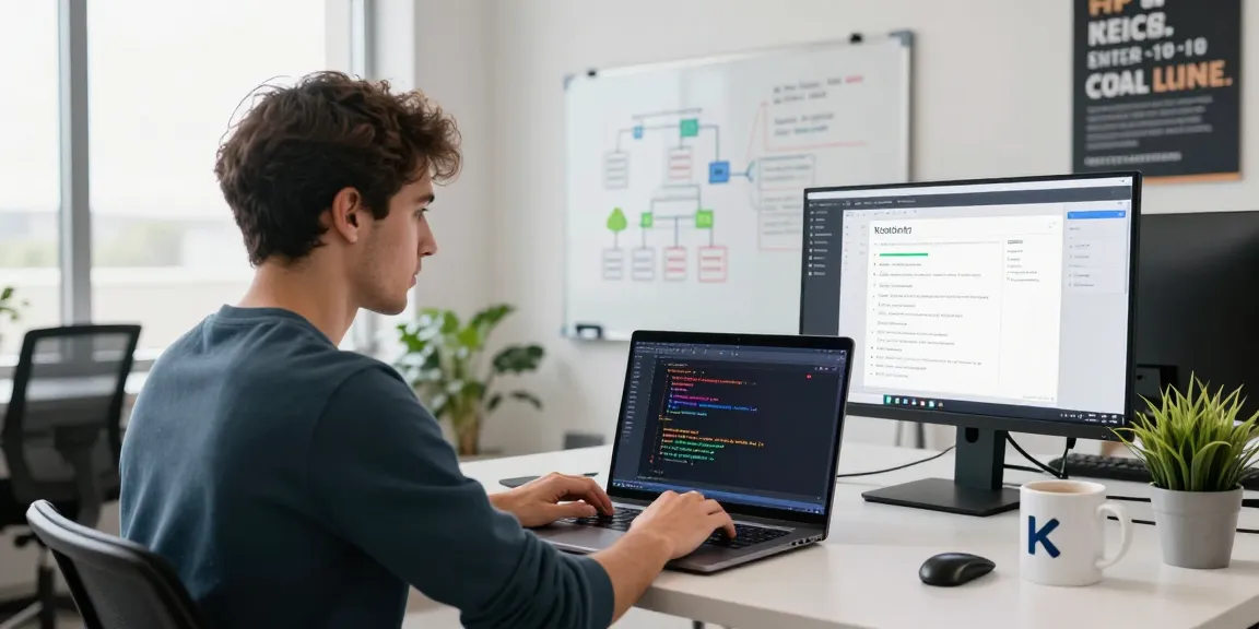 Kotlin app development training in a modern workspace with a beginner developer coding energetically