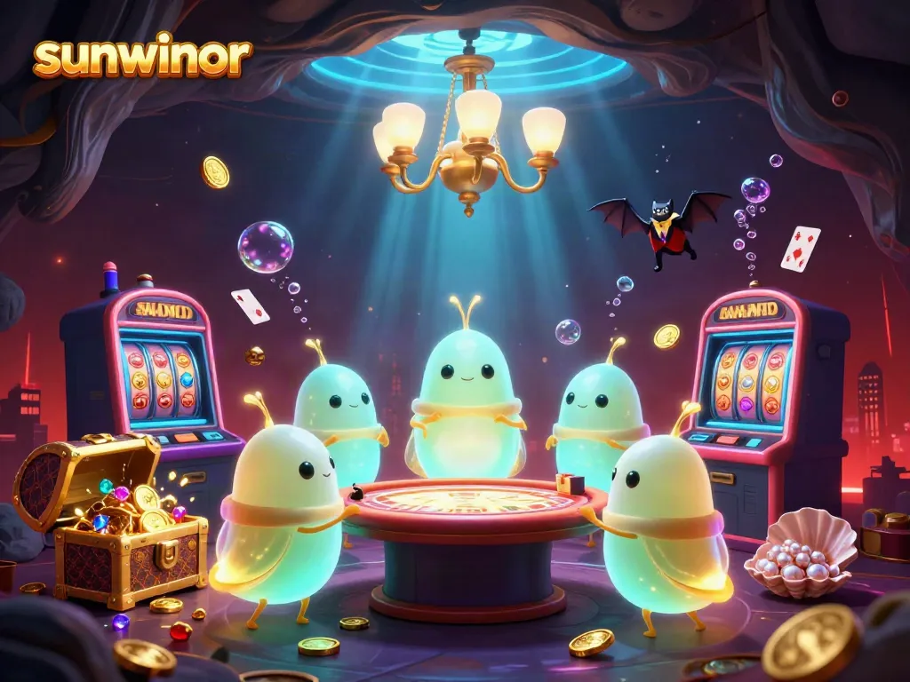 Experience thrilling gameplay with sunwinor in this vibrant casino scene featuring glowworms and animated elements.