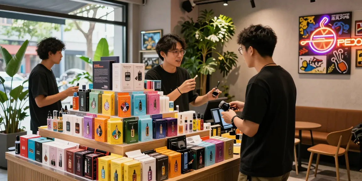 Vibrant shop scene at 蒸氣天堂 showcasing diverse vape products and engaged customers.