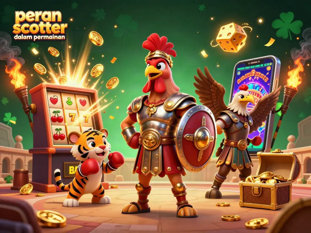 Menggambarkan peran scatter dalam permainan slot dengan simbol dan elemen kasino yang penuh warna.