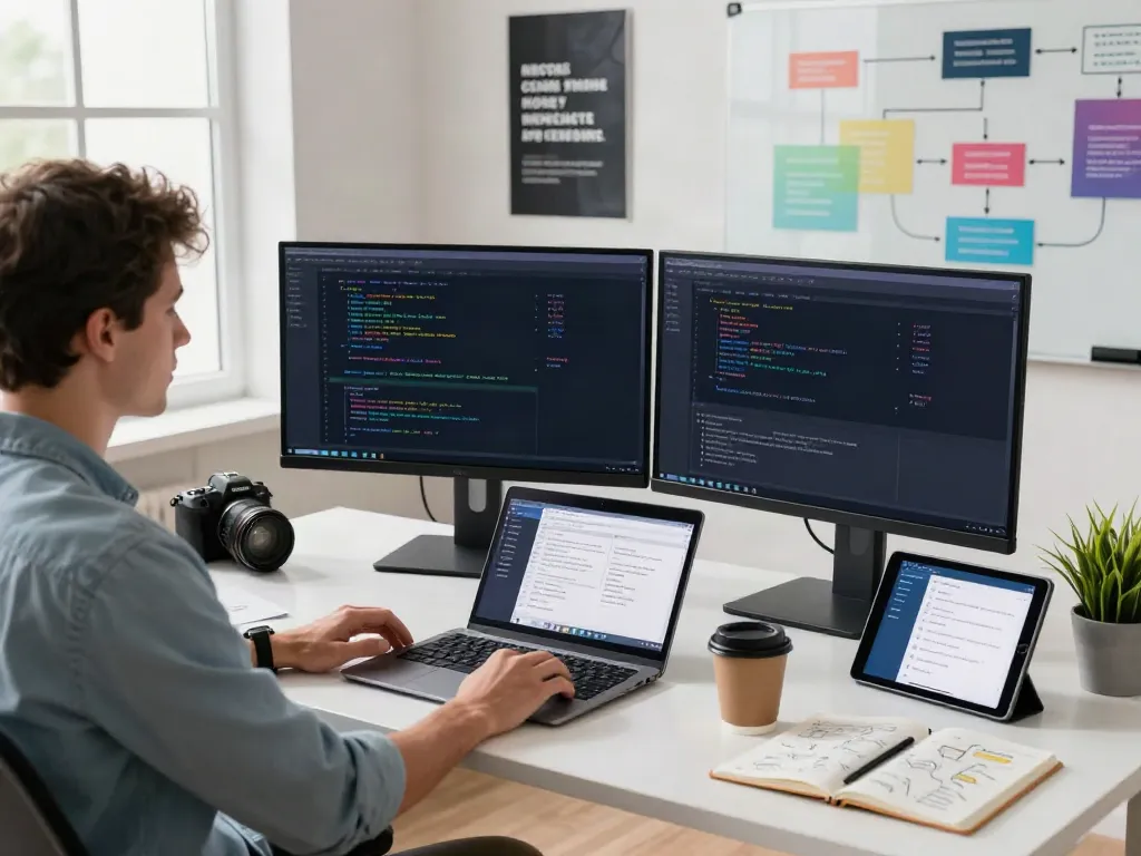 Developer configuring v2rayN VPN in a modern software workspace with tech tools and natural light.