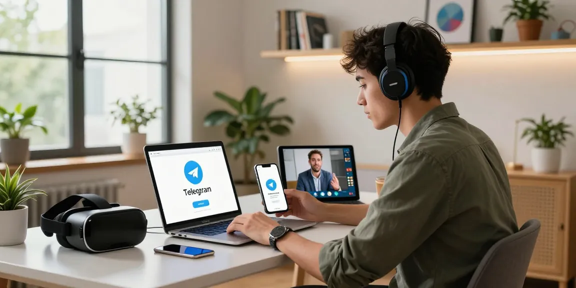 Solving telegram china connection issue in a modern urban digital workspace with tech gadgets.