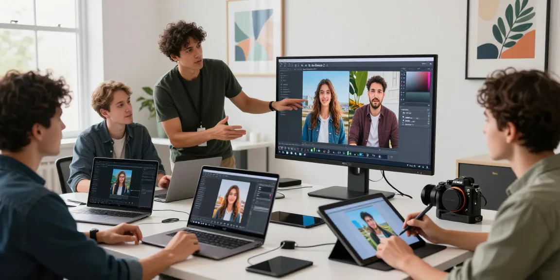 Digital artists collaborating in a vibrant studio using nano banana 2 AI image editor for innovative creative projects.