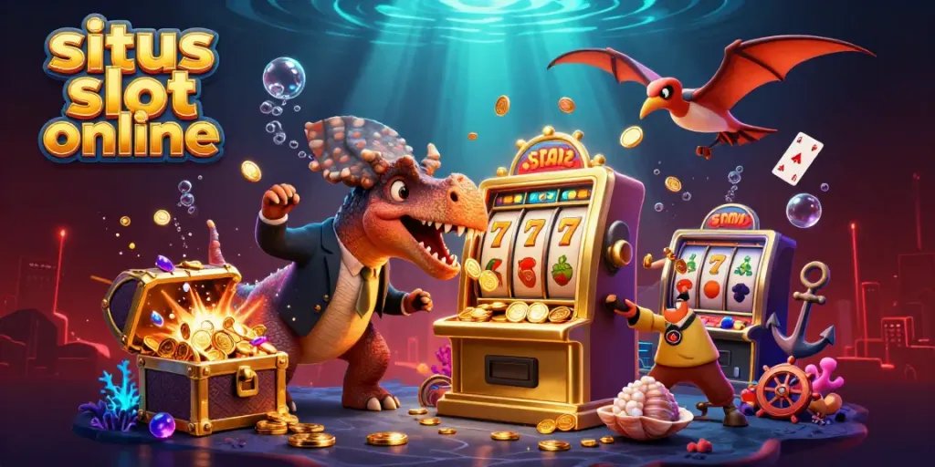 Menangkan jackpot di situs slot online saat dinosaurus bermain mesin slot dengan koin emas terbang.