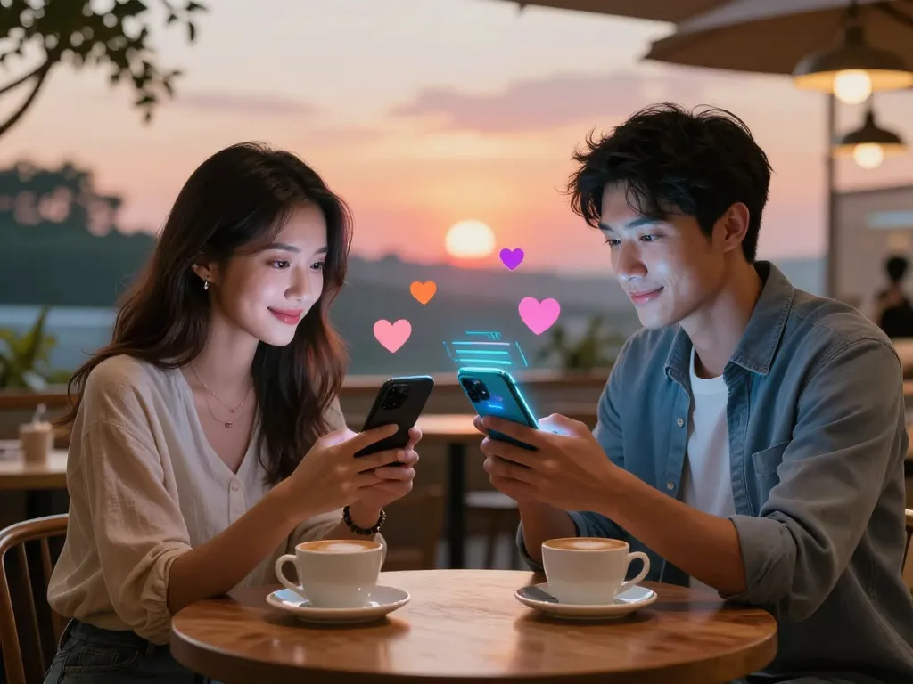 ai girlfriend avatars interact in a virtual café setting, showcasing modern digital romance.