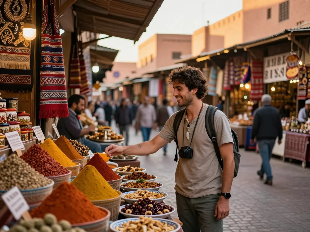 A traveler engaging with local vendors in Marrakech, showcasing the vibrant culture and offerings of a leading morocco tour company.