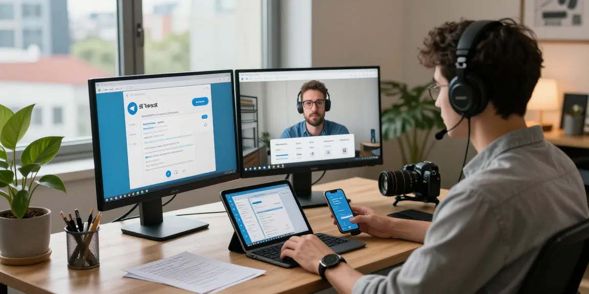 Engaged professional using 纸飞机中文版 on dual monitors, showcasing a modern workspace.