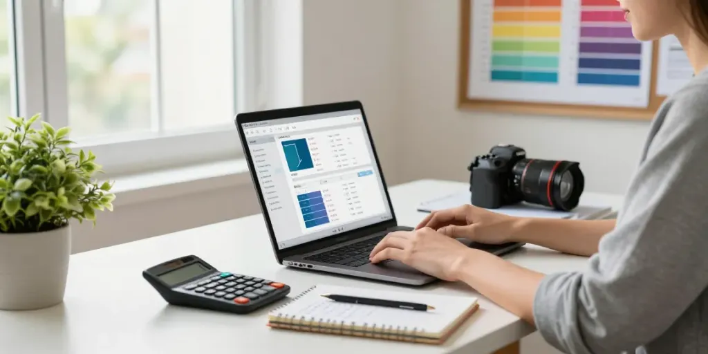 Calculator Online user working in a bright home office with various tools and a laptop.