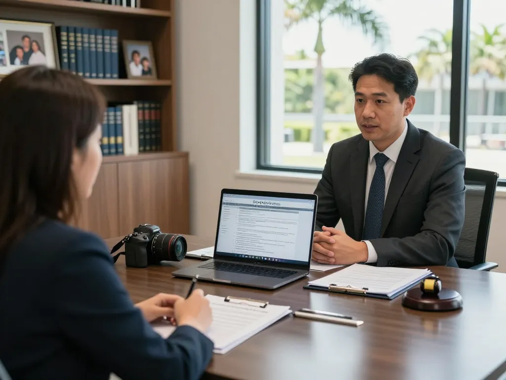 Palm Harbor Divorce Lawyer advising client in a modern office setting with legal documents and warm lighting.