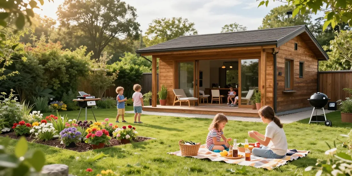 Garten Haus in einer idyllischen Gartenlandschaft mit Familie und Blumenbeeten.