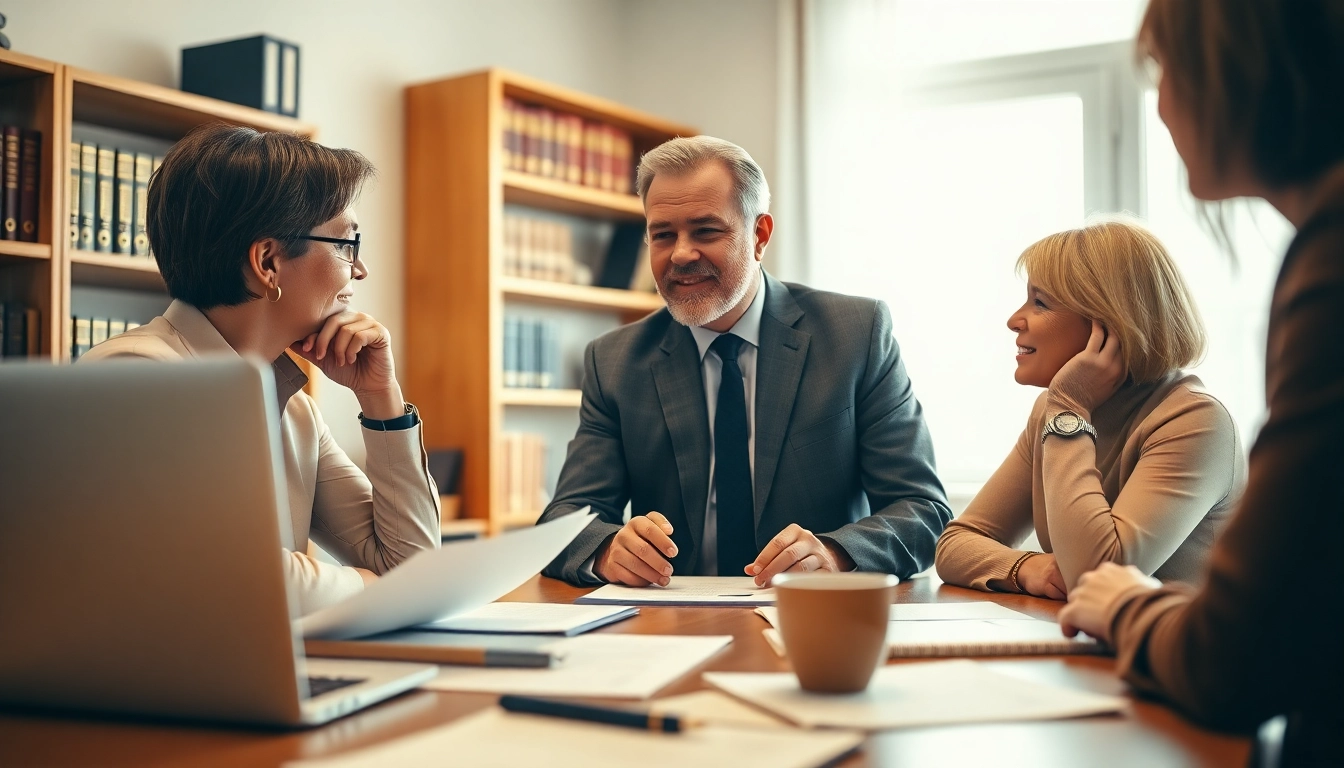 Engaging estate planning consultation with professionals in a warm office setting, assuring confidence.