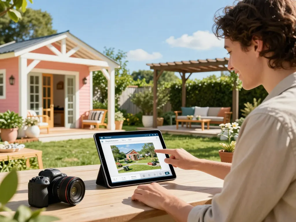 Customer using Pergola Configurator Software in a sunny garden with stylish outdoor designs.