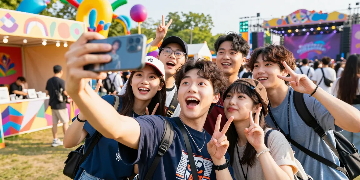 Excited young people using an app to find celebrities that look alike at an outdoor festival, vibrant atmosphere.