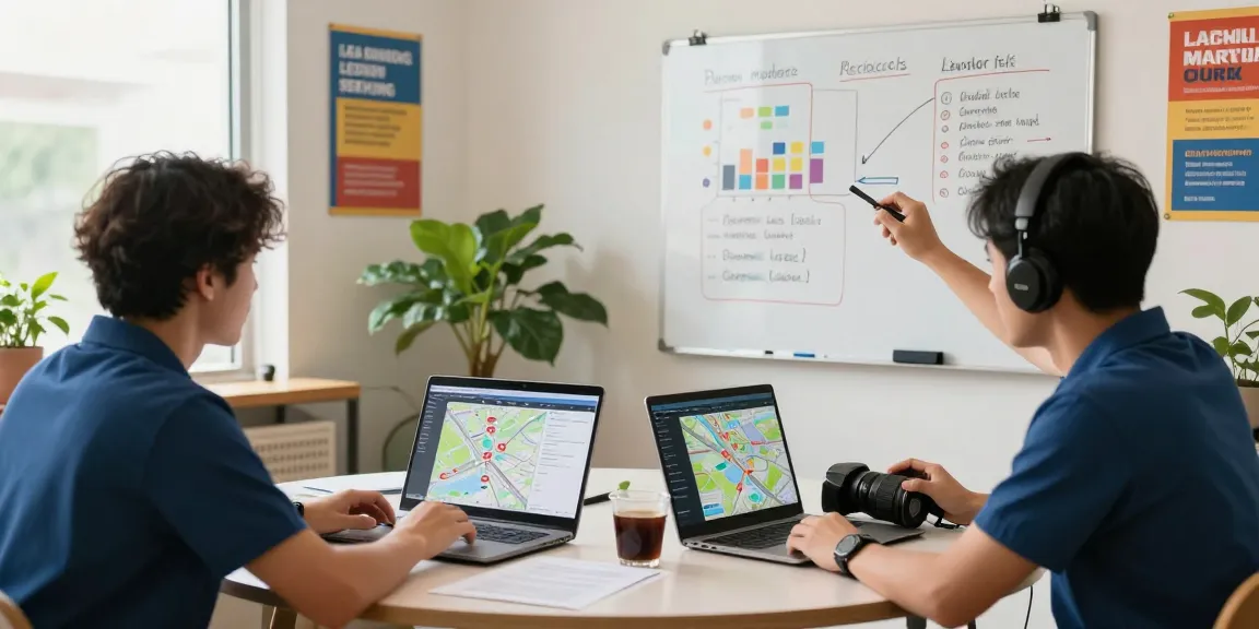 Home service marketing agency strategizing around a table with local analytics and marketing plans.