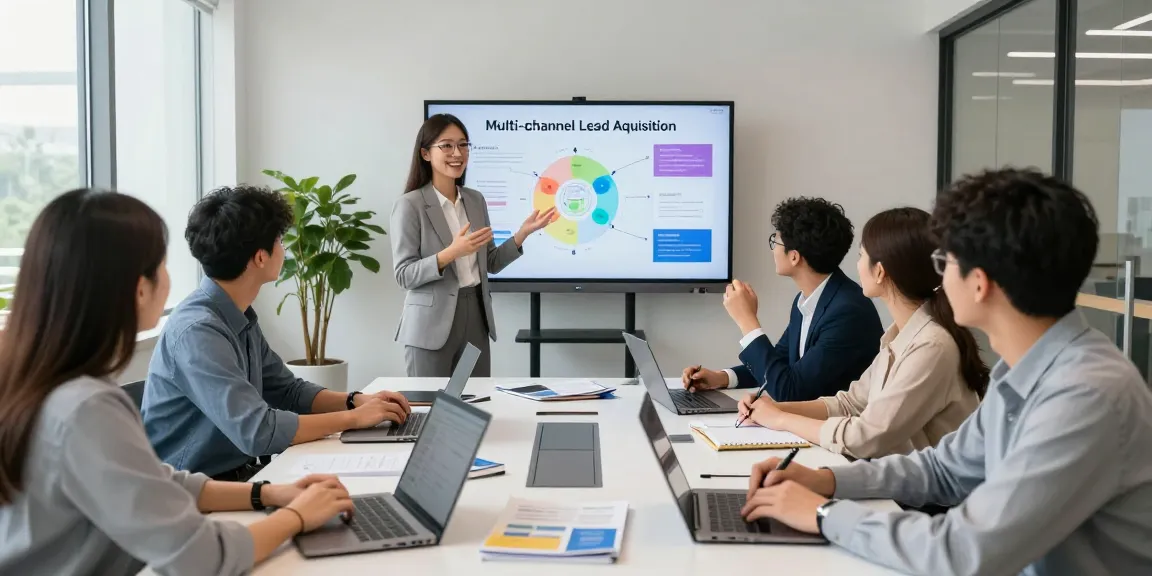 Dynamic scene showcasing digital marketing training on multi-channel lead acquisition strategies with engaged learners in a modern office environment.