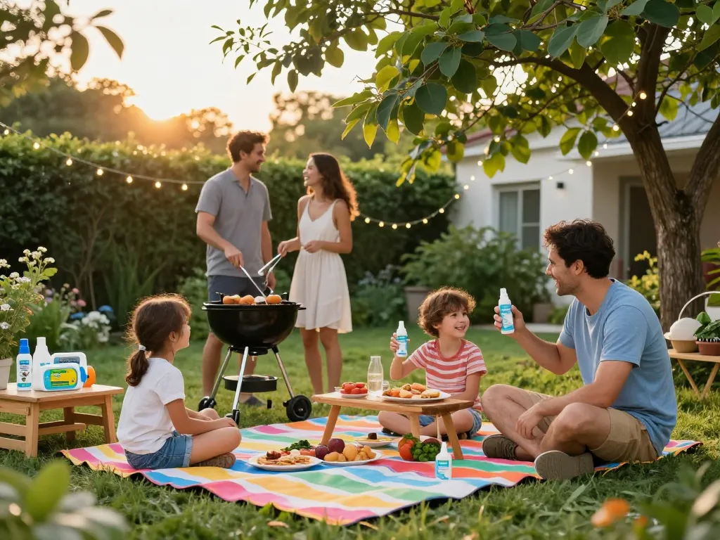 Family enjoying a barbecue while using the Best Mosquito Repellent for outdoor protection.