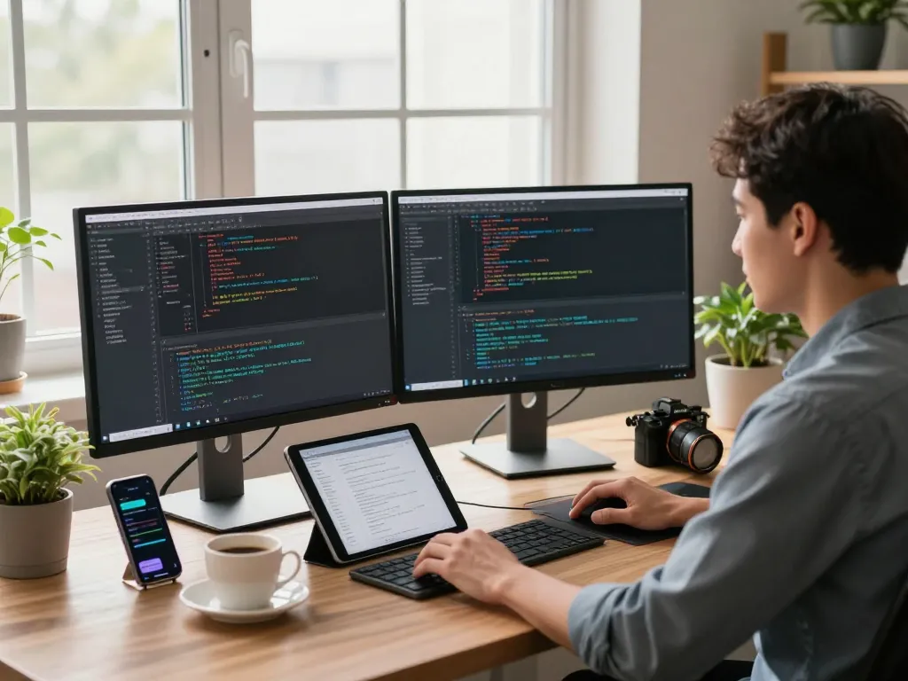 Moltbot AI developer coding with dual monitors and tech gadgets in a modern workspace