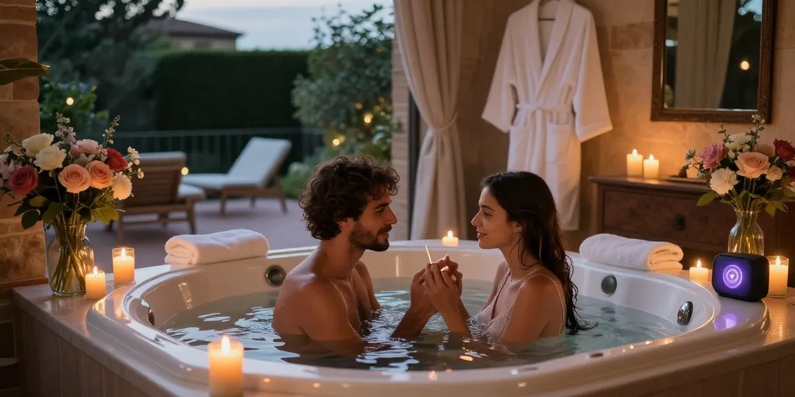 Intimate moment in a love room jacuzzi during a nuit romantique toulouse experience with soft candlelight and cozy decor.