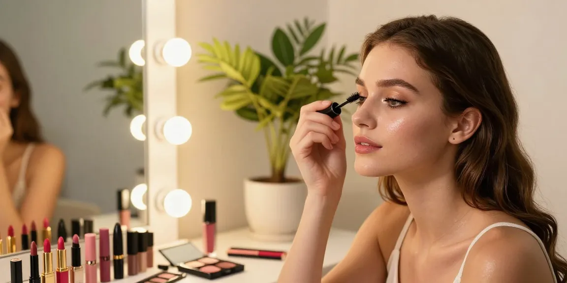 Applying luxe waterproof mascara for long-lasting, defined lashes in a vibrant beauty setting.
