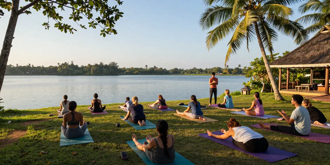 Yoga retreats Sri Lanka: Participants enjoying a serene lakeside yoga practice at Lanka Yoga's stunning retreat center.