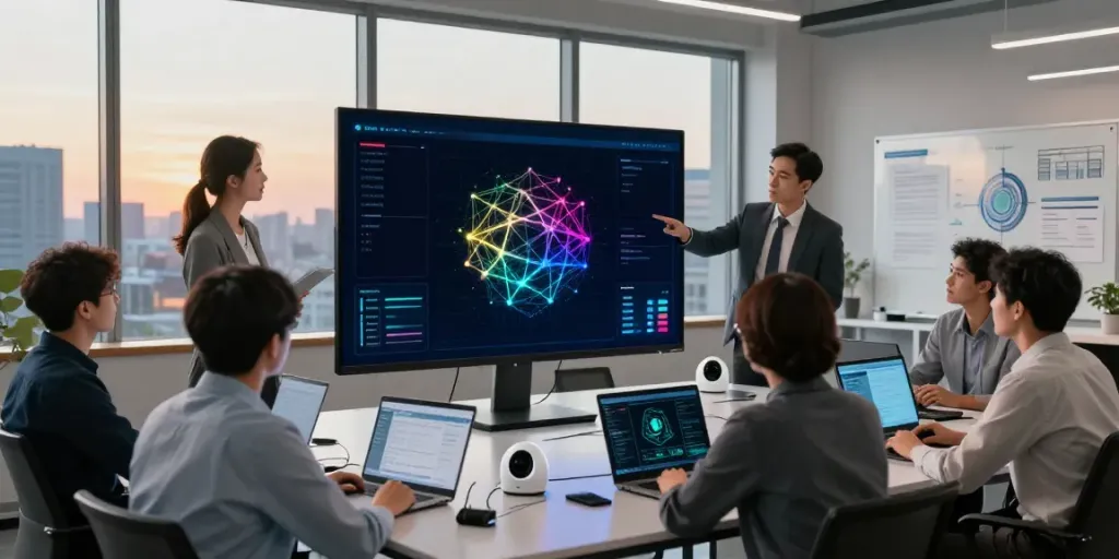 IoT security team analyzing threat data in modern office