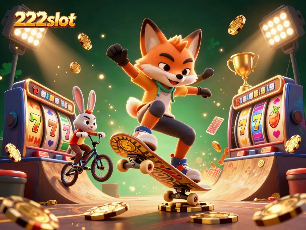 Interaksi mengasyikkan antara karakter kartun 222slot di dunia kasino dengan suasana slot yang ceria.
