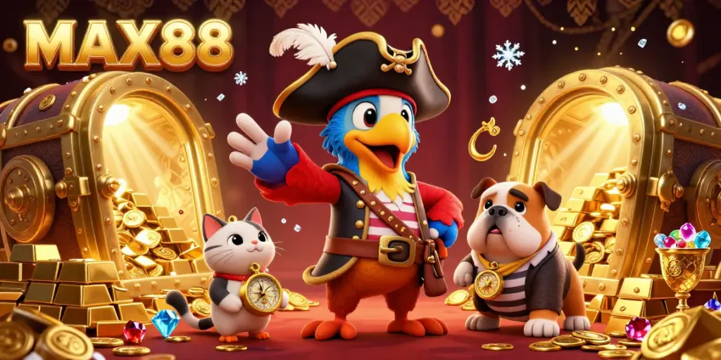 Engage with MAX88's dynamic casino scene featuring rich treasures and colorful characters.
