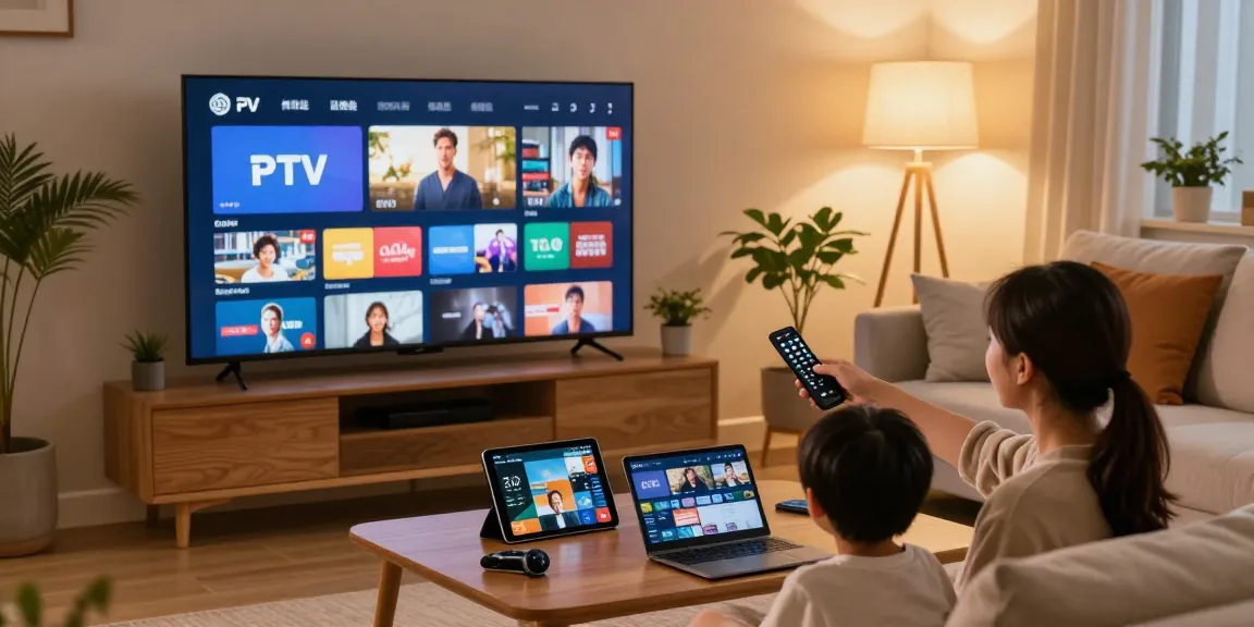 Profitez d'un test IPTV 24h dans un salon moderne avec une télévision intelligente et divers appareils connectés.