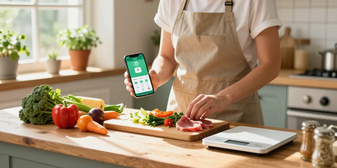 Using the best calorie tracker app to prepare a nutritious meal in a sunny kitchen.