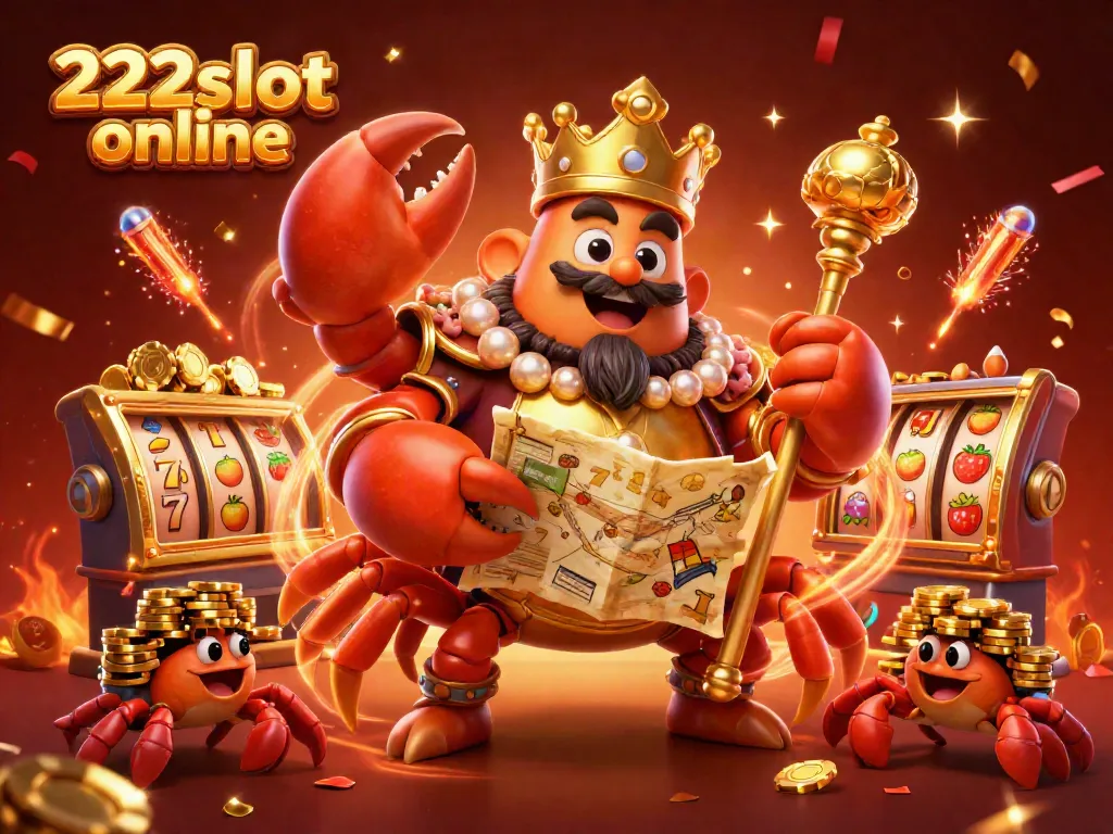 Pemain merasakan keseruan bermain 222slot online dengan karakter kartun berwarna emas dan simbol slot.
