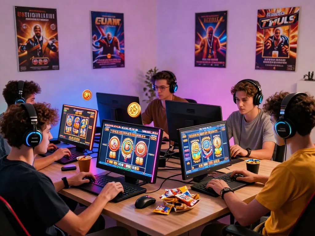 Exciting online slot gaming session with players at modern desks, colorful slot reels visible on screens.