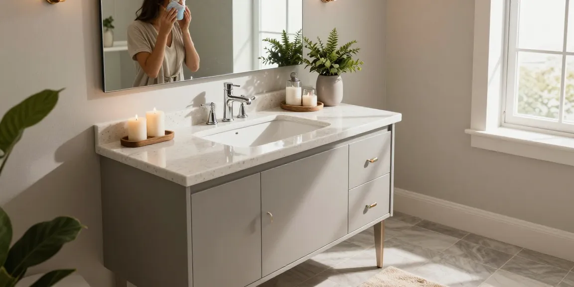 Modern bathroom vanity with elegant quartz countertop and serene decor, creating a stylish and inviting space.