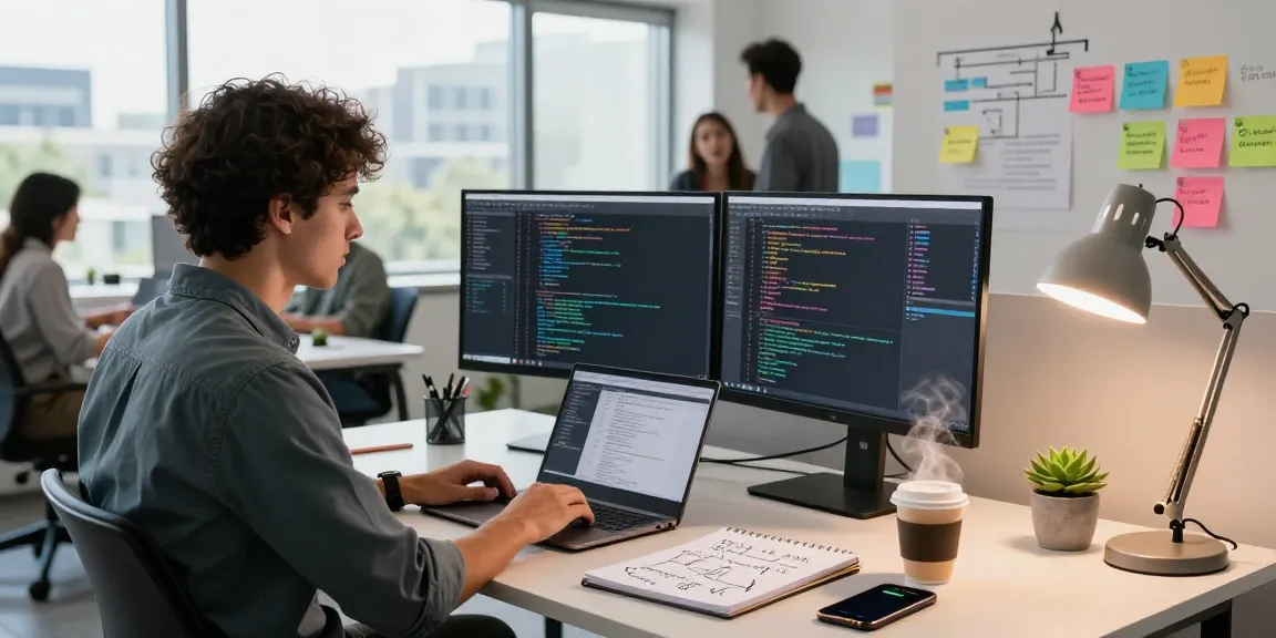 Innovative workspace showcasing a developer utilizing teiegramin.com for project collaboration and coding.