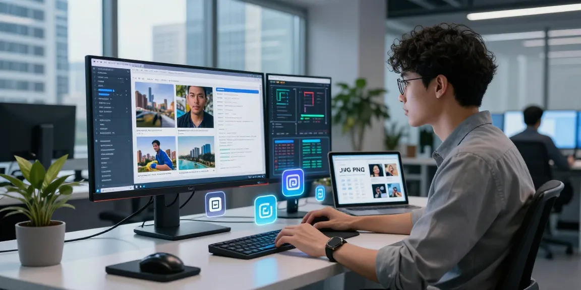 AI image checker displaying image analysis results in a hi-tech workspace with modern monitors and data visuals.