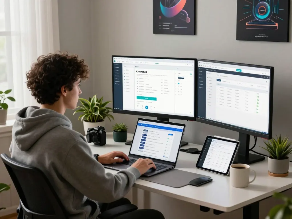 A developer using Clawdbot in a modern home office, showcasing automation tasks and messaging integrations on multiple screens.