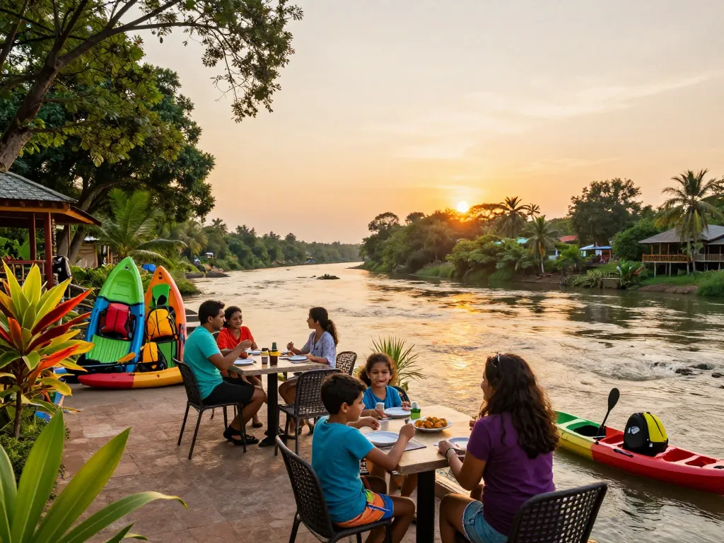 Dandeli resorts packages for families enjoying outdoor dining by the river at sunset surrounded by lush nature.