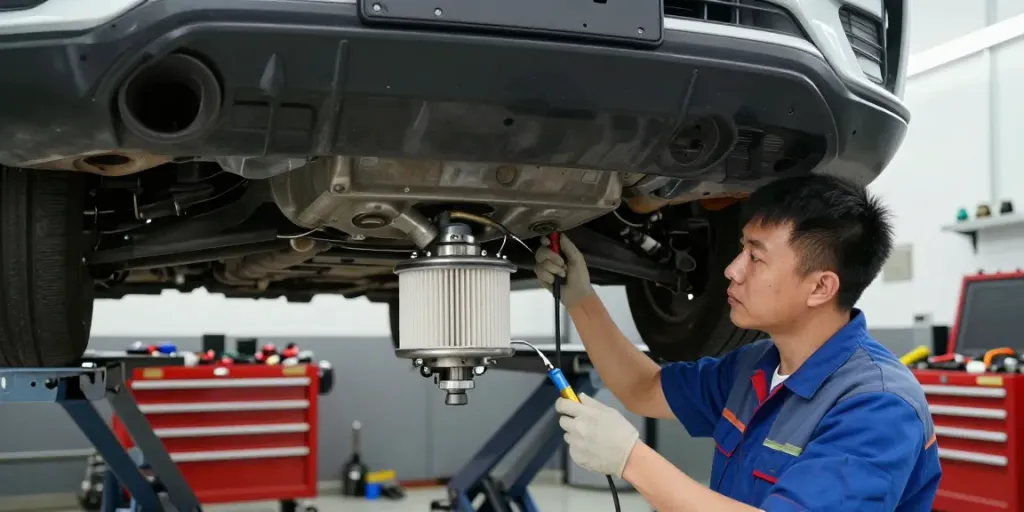 DPF Reinigung Hannover: Mechaniker in Werkstatt inspiziert Dieselpartikelfilter.