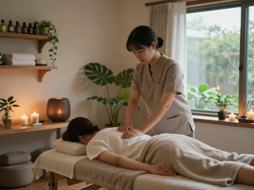 의왕출장마사지 in a serene spa environment with a therapist providing a relaxing massage to a client.