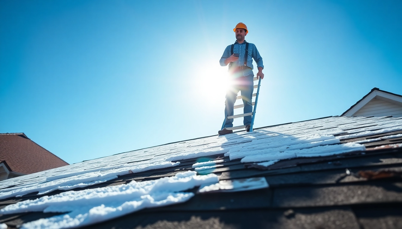 Inspecting spray foam roof damage with visible cracks and deteriorated areas for repair.