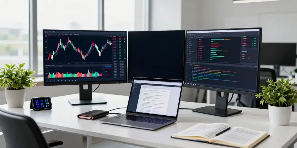 Real-time stock analysis using 株価 API Python in a modern crypto trading workspace with dual monitors.