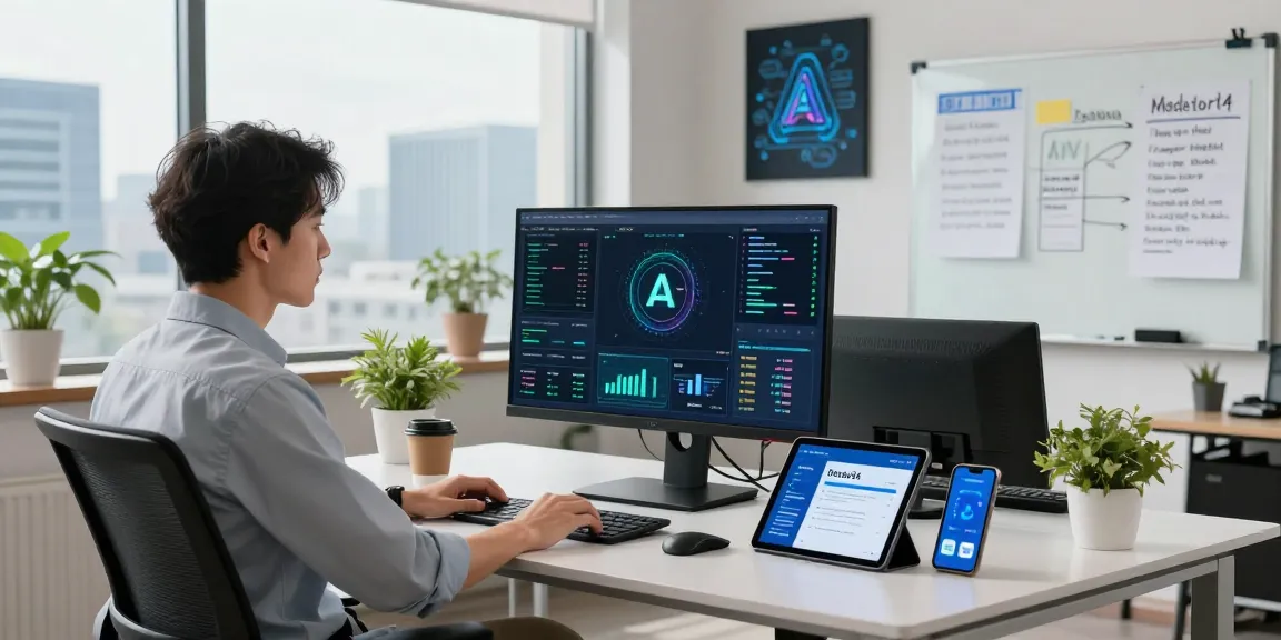AI detector workspace with professional analyzing data on dynamic AI detection metrics in modern office.