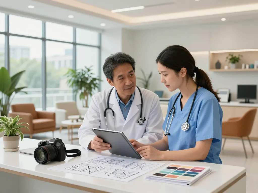 Interior designer working on a clinic project, showcasing the role of สถาปนิกออกแบบภายใน in creating a clean and professional healthcare space.