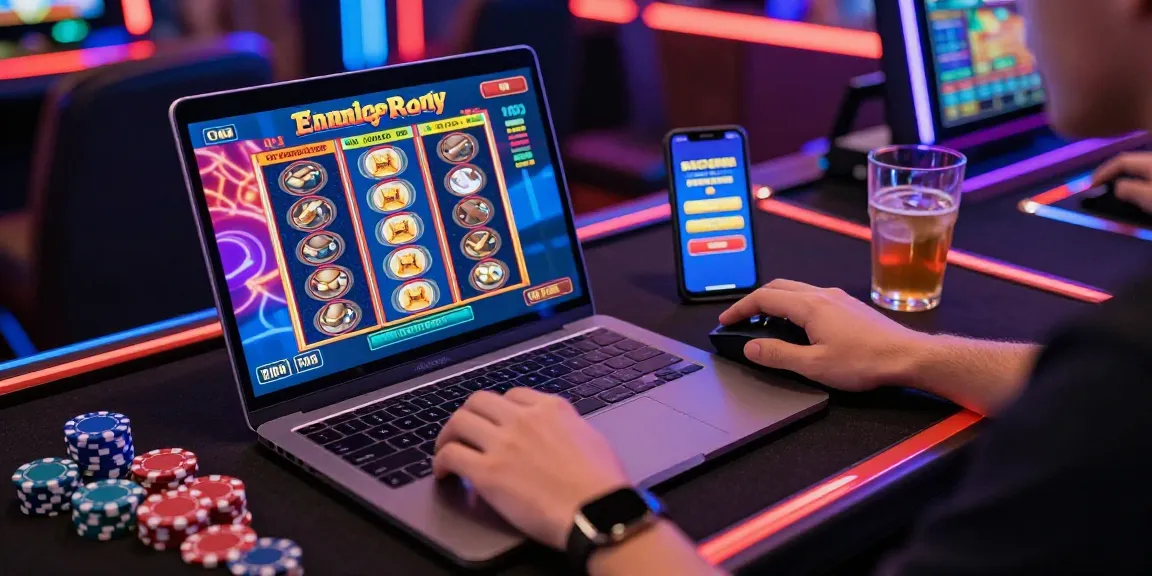 Exciting online gaming scene showcasing a player engaged in slot deposit 1000 action, surrounded by vibrant game visuals and gaming tokens.