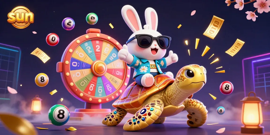 Experience thrilling sun gaming adventures with our lucky rabbit, as colorful lottery balls bounce around in this vibrant casino scene.