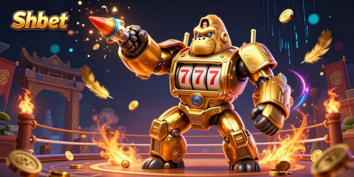 Shbet showcases a vibrant 3D illustration of a golden gorilla mech winning big at a casino.