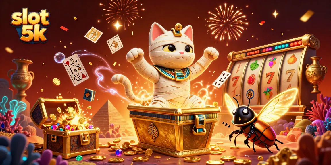 Experience the thrill of slot 5k with a vibrant scene of a mummy cat and treasures in a lively casino atmosphere.