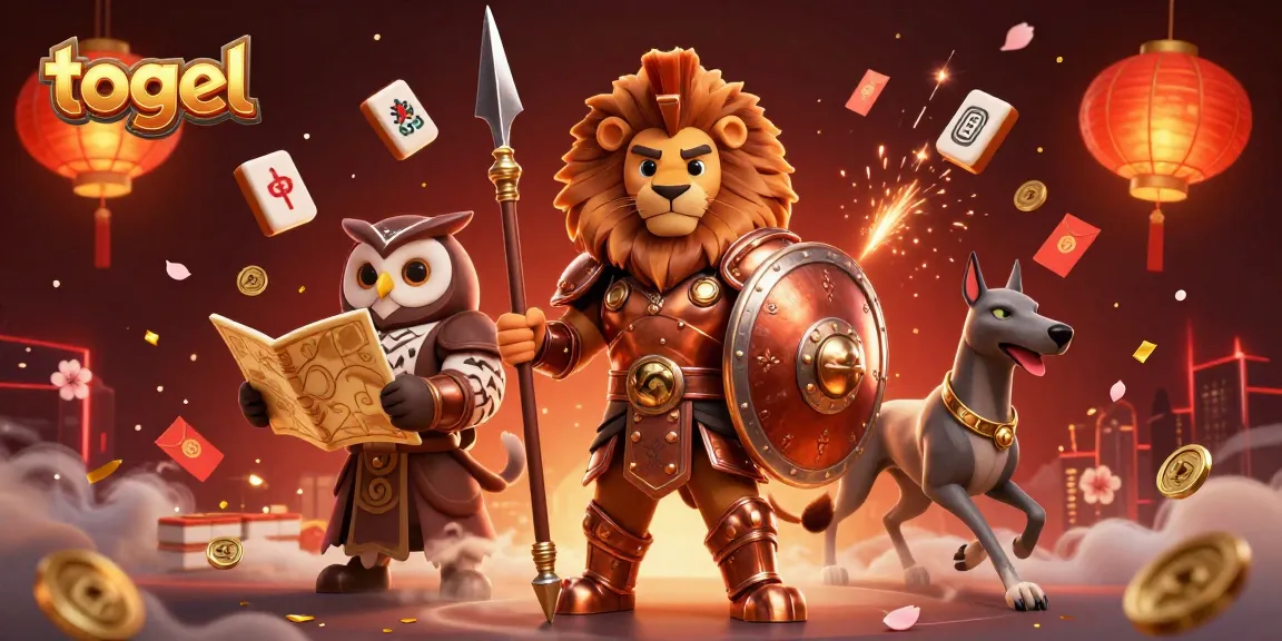 Togel gambling concept with a Spartan lion, owl strategist, and greyhound in a vibrant casino scene