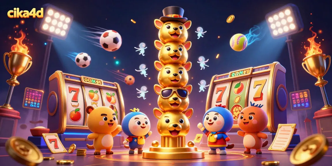Engage with cika4d's vibrant 3D gambling scene featuring golden totems and dynamic slot elements.