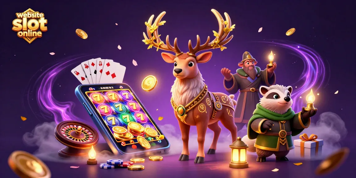 Permainan slot online berkualitas dengan slot reels dan pemain berinteraksi dengan smartphone.