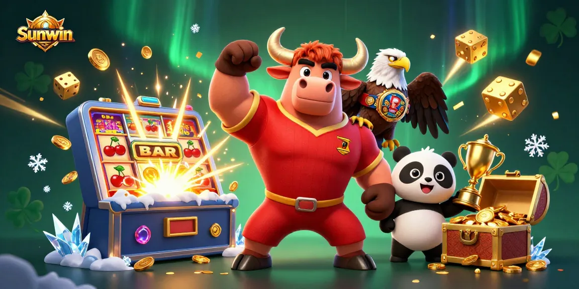 Celebrate wins with Sunwin at vibrant 3D casino featuring mascots and thrilling game elements.